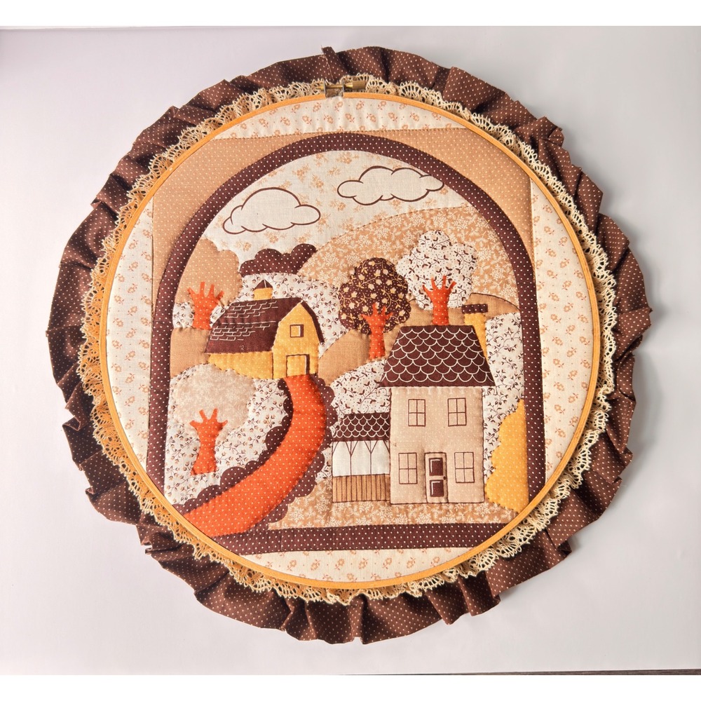 Vintage Handmade Fabric Applique Village Landscape Hoop Wall Art Ruffle 12in